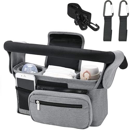 Universal Stroller Organizer with Cup Holder Detachable Phone Bag and Shoulder Strap, Stroller Bag Caddy Organizer Accessories for Uppababy, Baby Jogger, Britax Strollers (Gery)