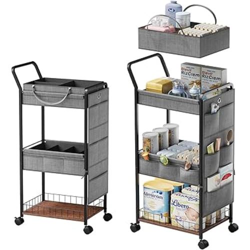 BBLIKE 3-Tier Diaper Caddy Organizer - Rolling Utility Baby Cart with Basket and Side Pockets for Nursery and Baby Essentials, Multi-Function Cart for Bedroom and Bathroom
