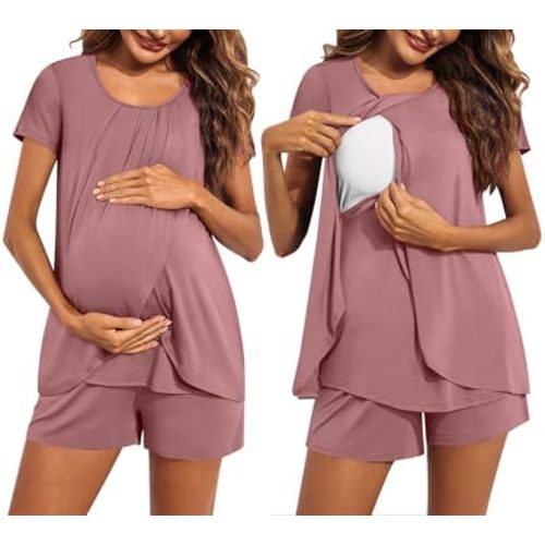 Ekouaer Women's Maternity Nursing Pajamas Set Breastfeeding Sleepwear Double Layer Short Sleeve Top & Shorts Nursing Pjs