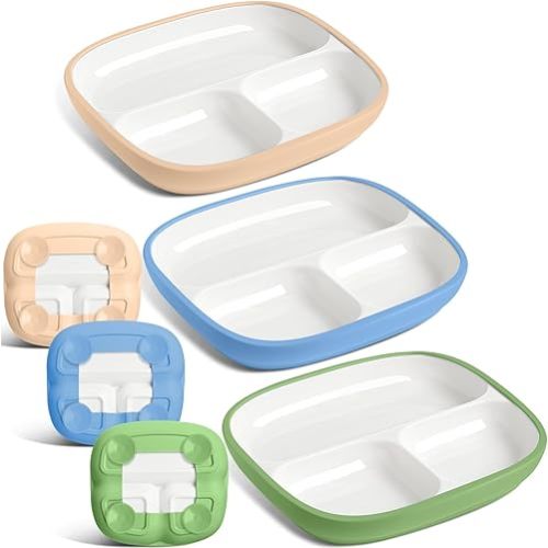 Domensi 3 Set Kids Porcelain Plates with Upgrade Anti-Slip Silicone Sleeves 8.3 Inch Toddler Divided Porcelain Plate Suction Dishes for Baby Eating Microwave Dishwasher Safe(Classic Color)