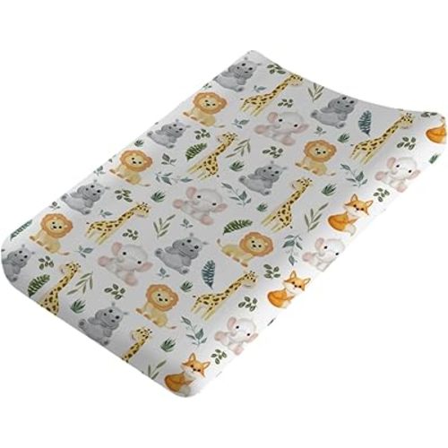 Jungle Safari Animals Tropical Leaves Baby Changing Pad Covers for Boy Girl 32''x16'' Elephant Lion Giraffe Hippo Fox Unisex Fitted Diaper Changing Table Sheets Comfort Soft Baby Changing Table Mats