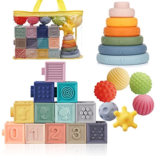 Montessori Toys Soft Stacking Building Blocks Rings Balls Sets 3 in 1 Baby Toys Bundle for Babies 6-12 Months Sensory Toys for Toddlers 1-3 Teething Bath Toys for Infants Learning Toy
