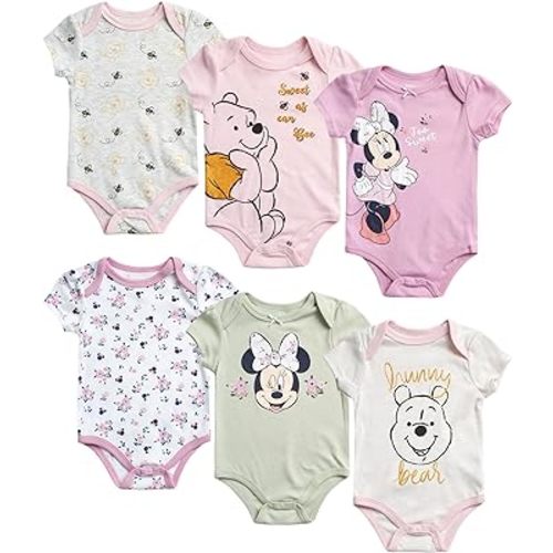 Disney Baby Girls Minnie Mouse & Winnie the Pooh 6 Pack Short Sleeve Bodysuits (Newborn, 0-9 Months)