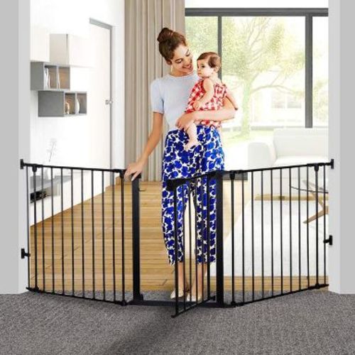 GOTGELIF Baby Safety Gate 80" Extra Wide Playard 3 Panels Hardware Mount Auto Close Black