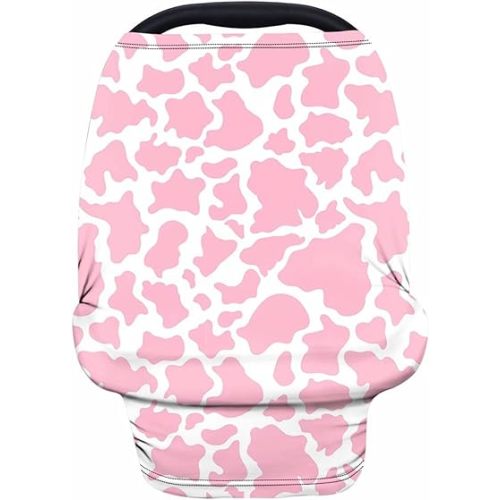 Forchrinse Pink Cow Print Baby Car Seat Cover Soft Stretchy Breastfeeding Nursing Cover Multi Use Cover for Shopping Cart/High Chair/Stroller