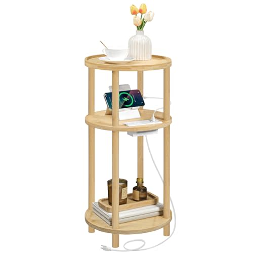 HOOBRO Small Round Side Table with Charging Station, 3-Tier Round Bamboo End Table, Compact Sofa Bedside Table for Small Space, Easy Assembly, for Living Room, Bedroom, Apartment, Natural YL152UBZ01