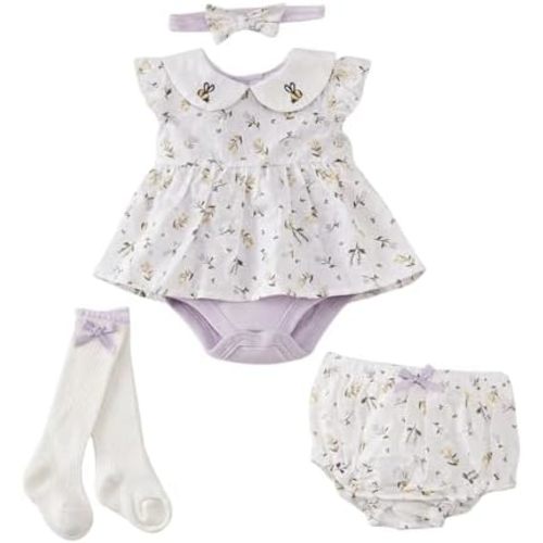 Baby Girl Bodysuit Dress Baby Girl Summer Outfits Dress Romper Floral Bloomer Shorts Socks and Headband
