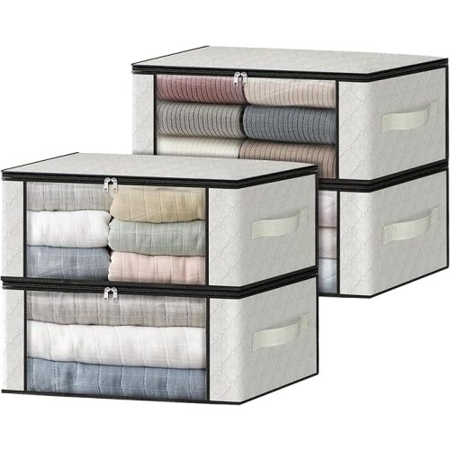 HomeHacks Storage 4-Pack Clothes Organizer Storage Bags Foldable Storage Box with Large Clear Window Sturdy Handles for Closet, Dorm, Pillows, Bedding, Clothes, Stuffed Toys, Blankets, Grey