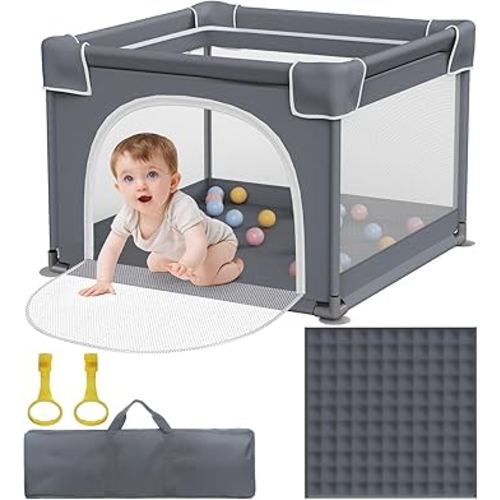 Small Baby Playpen with Mat, Sturdy Safety Play Yard, Washable Small Playpen for Babies, Soft Breathable Mesh, Zipper Gate, Anti-Slip Base 36"x36"