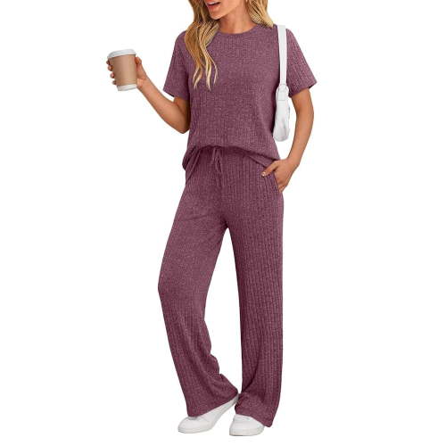 SUNBS Two Piece Lounge Sets for Women Summer Matching 2 Piece Outfits Ribbed Knit Pajamas Set Wide Leg Pants Trendy Clothes