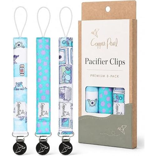 Copper Pearl 3-Pack Pacifier Holders: Premium Knit Binky Clips for Baby Girls and Boys - Stylish Stainless Steel Design for Secure No-Drop Attachment - Monsters Inc Medley
