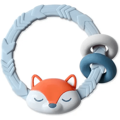 Itzy Ritzy Silicone Teether with Rattle; Rattle Teether Features Rattling Sound, Two Silicone Teething Rings and Raised Texture to Soothe Gums; Ages 3 Months and Up (Fox)