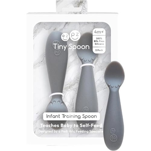ezpz Tiny Spoon (2 Pack in Gray) - 100% Silicone Baby Spoon for Baby Led Weaning + Purees - 6 months + - Designed by a Pediatric Feeding Specialist - Baby Essentials & Baby Gifts