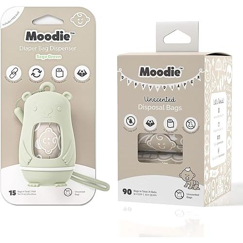 Moodie Teddy Bear Diaper Bag Dispenser w/Silicon Strap (SAGE GREEN) & 6 Refill Roll PACK (UNSCENTED - 105 Bags TOTAL) | Diaper Bag Essential Items