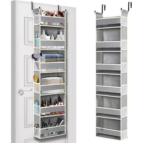 Over The Door Organizer 6-Shelves and 12 Side Pockets, Over The Door Storage for Bathroom Bedroom Nursery, Hanging Door Organizers for Baby Diapers and Kids Toys (13"x5"x54", Grey)