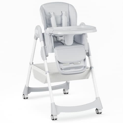 Baby High Chair, Foldable Convertible High Chair for Babies & Toddlers, Adjustable Height & Recline with Removable Double Tray, PU Cushion, Storage Basket, Easy to Clean, Gray