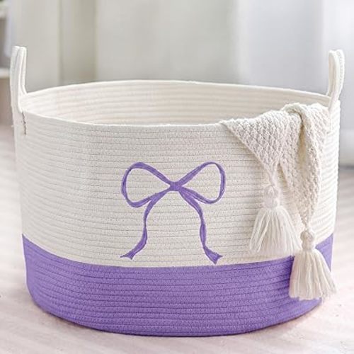 Honeydak Large Laundry Basket Purple Bow Hamper 13 x 20 Inches Laundry Basket Cotton Rope Purple Hamper Coquette Bow Room Decor Storage Blanket Toys Clothes Organization for Teens Girls