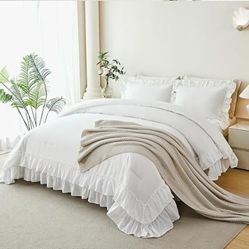 ANGIYUIN 5Pcs White Ruffle Comforter Set King Size Double-Layer Ruffled Bedding Sets Solid Lightweight Fluffy Bed in A Bag Soft Shabby Chic Bed Sets for All Season(White King)