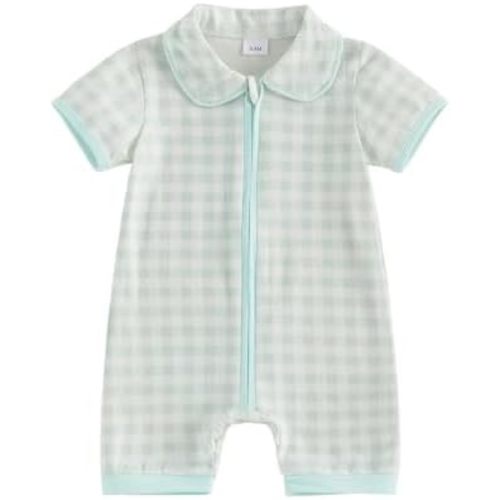 BULINGNA Newborn Summer Clothes Baby Boy Girl Coming Home Outfit Short Sleeve Plaid Short Jumpsuit Zip Up Romper