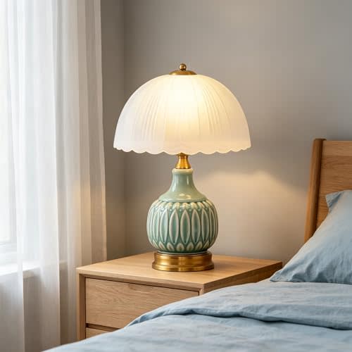Vintage Ceramic Table Lamp, Green Nightstand Lamp with Pleated Glass Shade, Decorative Desk Lamp for Bedroom Living Room Dining Room