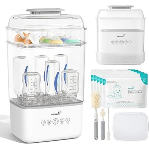 Grownsy Bottle Sterilizer and Dryer, 6 Bottles Capacity, Space Saving Nesting Design Bottle Sanitizer Esterilizador de Biberones for All Size Bottles & Breast Pump Accessories, Travel Set Included