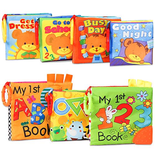 KIDAMI Baby Soft Books (Pack of 7) with Teether and Crinkle Paper, Water Proof Bath Book, First Year Book for Learning Numbers and Alphabets and Telling Stories, Gift for Infant, Baby and Toddler