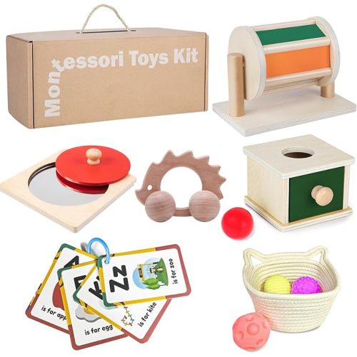 Montessori Educational Toys for Babies 7-12 Months, 7 in 1 Early Learning Educational Kit for Toddlers Gifts, Includes Spinning Drum, Permanent Box, Red Mirror Knob Puzzle, Hedgehog Rattle and More