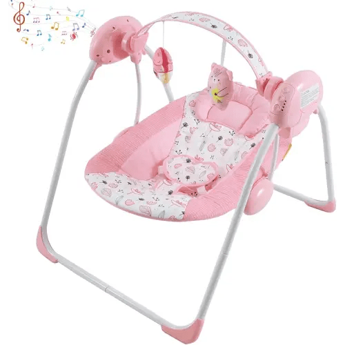 Baby Swing for Baby Girl,Newborn Swing with Music,5 Speed Levels,Timing Setting,Soft Cushion,Pink Foldable Infant Swing for Indoor Outdoor Use 0-9 Months
