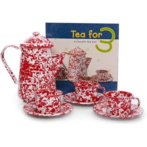 Crow Canyon Home Enamelware Children's Tea for 3 Set, Red/White Splatter