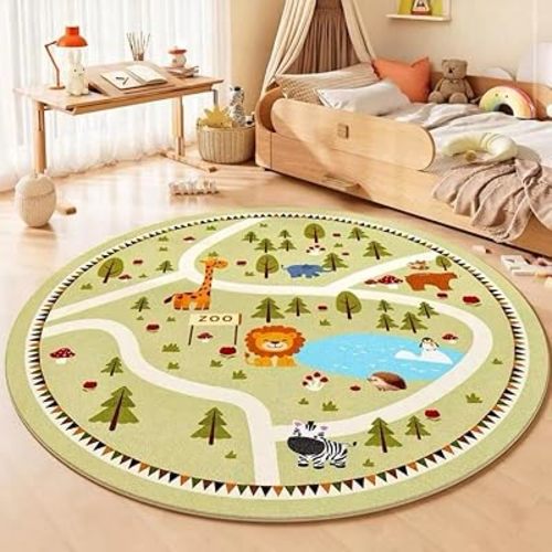 Poowe Round Kids Rug,Lovely Road Washable Non-Slip Children Carpets for Bedroom,Round 31.5"