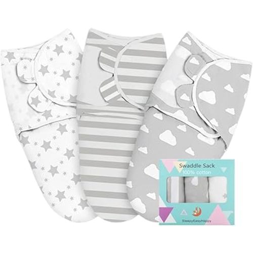 HJB VISSO 3-Pack Baby Swaddle Wrap Sleep Sacks, Newborn Swaddle Blanket Wrap, Breathable and Skin-Friendly Cotton, Baby Swaddle 0-3 Months, Baby Sleep Sack, Baby Swaddle Blanket Wrap, Unisex