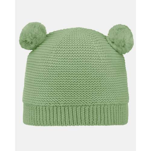 Baby Beanie | Green Solid Knit Textured Pom pom | Certified 100% Organic Cotton Yarn | Toshi