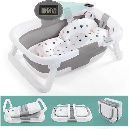 Foldable Baby Bathtub for Infants to Toddler,Portable Travel Multifunctional with Drain Hole,Collapsible Newborn 0-36 Month (Gray White+Baby Bath Cushion+Waterproof Ear Cap)