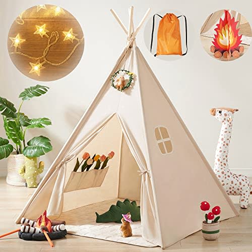 Tiny Land Teepee Tent for Kids, Kids Tent with Star Lights, Kid Play Tents for Girls and Boys, Foldable Toddler Tents, Washable Kid Indoor Tents, Warm Reading Nook & Room Decor
