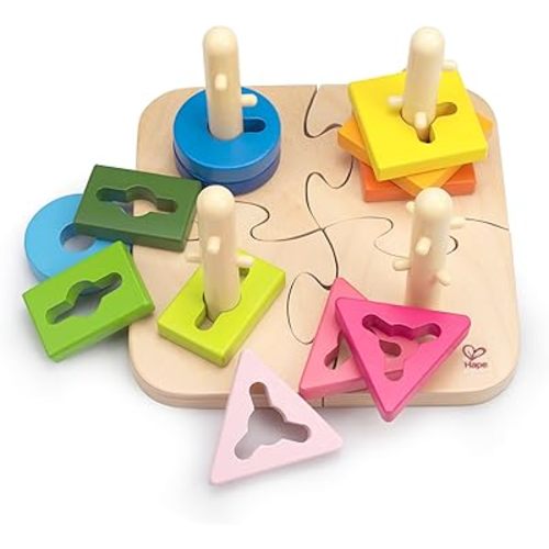 Hape Wooden Creative Peg Puzzle| Shape Sorter Stacking Peg Puzzle| Montessori Color Recognition Stacker Toy for Toddlers