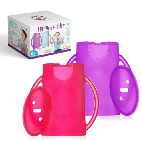 Flipping Holder Squeeze Proof Food Pouch Holder for Toddlers, Babies, Kids, Mess Free No Squeeze Juice Box Drink and Applesauce Snack Holder with Easy Grip Handles and Lid