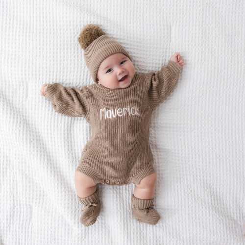 Baby Romper, Hat, and Booties Set in Khaki Brown