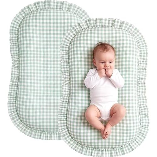 2 Pcs Gingham Baby Lounger Cover with Ruffle 100% Cotton Plaid Lounger Cover Baby Nest Slipcover for Boys Girls(Green)