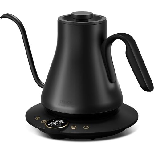 Gooseneck Electric Kettle with ±1℉ Temperature Control for Pour Over Coffee & Tea, Quick Heating, BPA-Free Stainless Steel, Built-in Brew Timer, 1500W/0.9L (Ebony Black)
