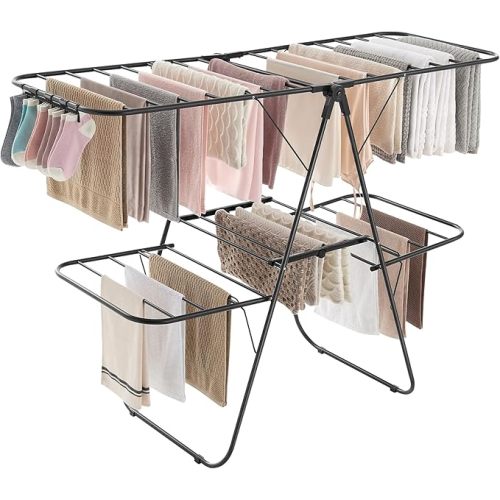 SONGMICS Clothes Drying Rack, Foldable 2-Level Laundry Drying Rack, Free-Standing Laundry Airer, with Height-Adjustable Wings, 33 Drying Rails, Sock Clips, Black ULLR053B01V1