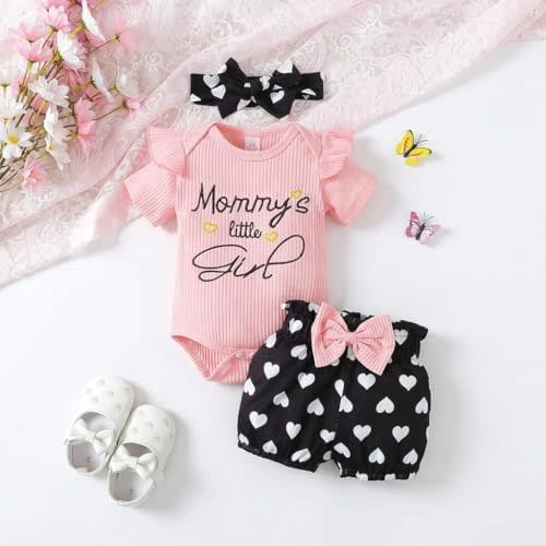 Amazon.com: Baby Girl Outfit 3 Piece Set Ribbed Ruffle Sleeve Bodysuit with Heart Print Bloomer Shorts and Bow Headband (Pink, 3-6 Months): Clothing, Shoes & Jewelry