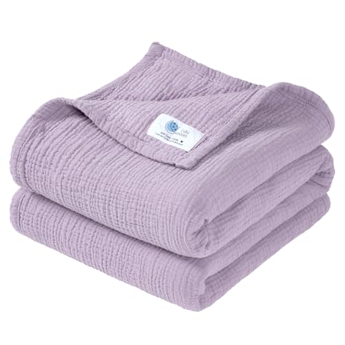 lulumoon Muslin Baby Blanket Neutral: 100% Cotton Crib Blanket for Toddler & Infant - 4-Layers Breathable for Travel Stroller & Nursery Daycare 47"x47"(Lavander)