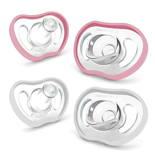Nanobebe Active Baby Pacifiers 4-36 Months - Orthodontic, Lightweight and Vented, Curves Comfortably with Face Contour, 100% Silicone - BPA Free, Perfect Baby Registry Gift 4pk, White/Pink