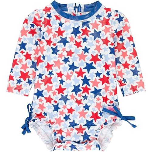 RuffleButts Baby Girls UPF 50+ Sun Protection Floral Printed Long Sleeve One Piece Rash Guard Swimsuit with Zipper