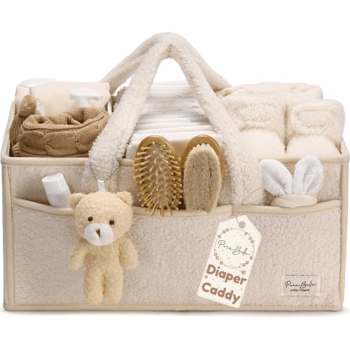 Plush Sherpa Baby Diaper Caddy Organizer, Portable Nursery Storage Basket with Teddy Bear Charm, Multi‑Compartment Changing Table Organizer for Newborn Essentials, Unisex Baby Shower Gift