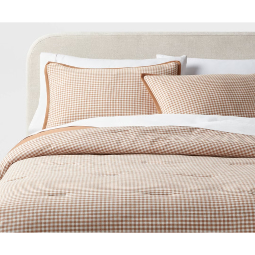 Full/Queen Mini Gingham Comforter and Sham Set Camel - Threshold™: Weave, Midweight Fabric, 3-Piece Set