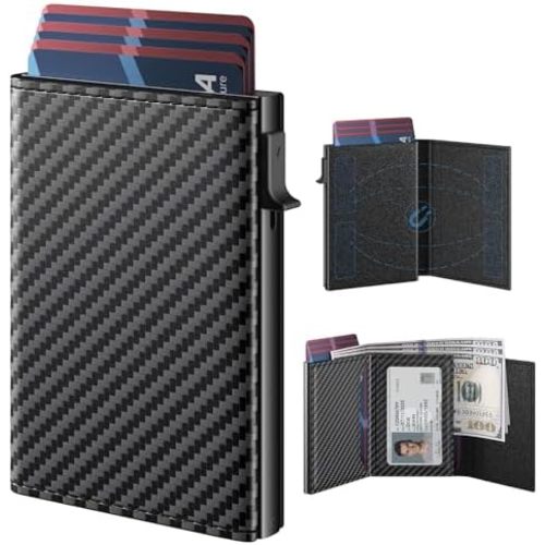 typecase Mens Wallet Card Holder: Pop Up Aluminum Case, Genuine Leather, Smart, RFID Blocking, Slim, Minimalist, Front Pocket - 9-14 Card Capacity | ID Window | Cash Slot (Carbon Fiber)