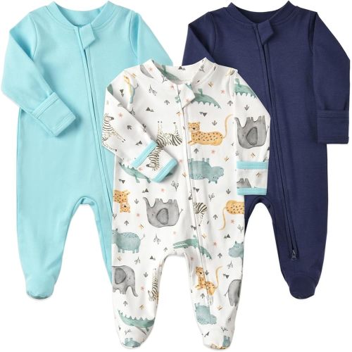 Aablexema Baby Footie Pajamas with Mittens - 3Pcs Infant Cotton Footed One Piece Sleepwear Outfits