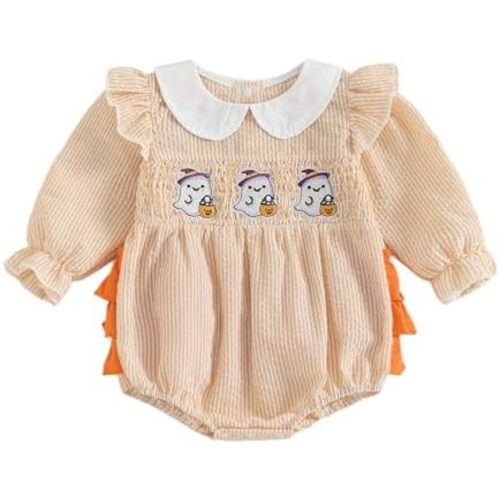 Adobabirl Infant Baby Girl Outfit Newborn Bow Bubble Romper Long Sleeve Embroidery Jumpsuit Cute Smocked Clothes