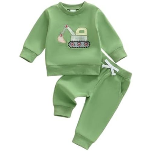 FOCUSNORM Toddler Baby Boy Fall Winter Outfit Excavator Embroidered Long Sleeve Sweatshirt Elastic Jogger Pant 2 Pcs Clothes